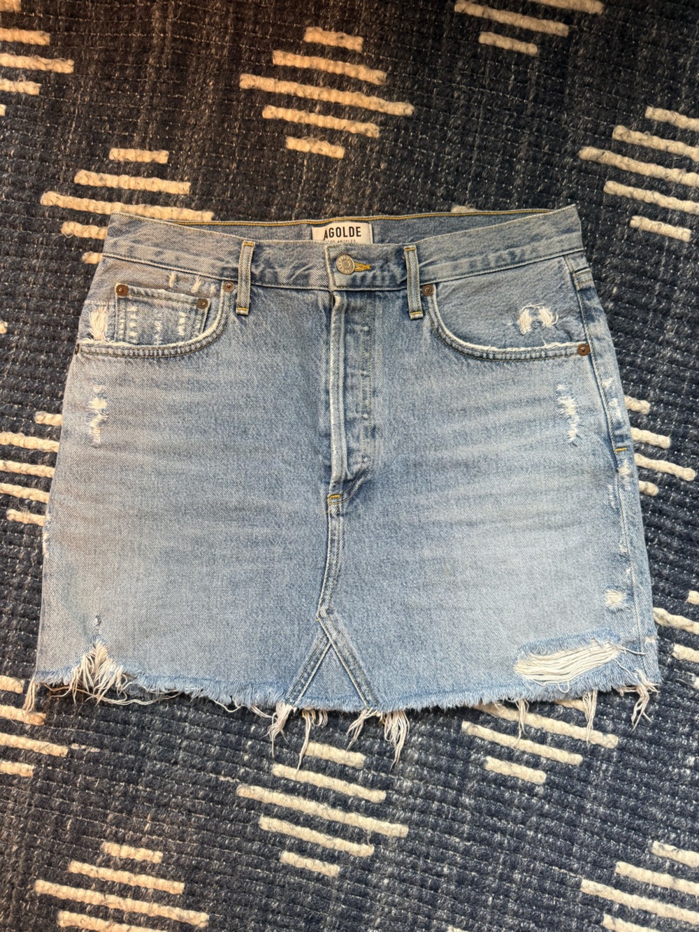 Agolde Light Blue Distressed Denim Mini Skirt
